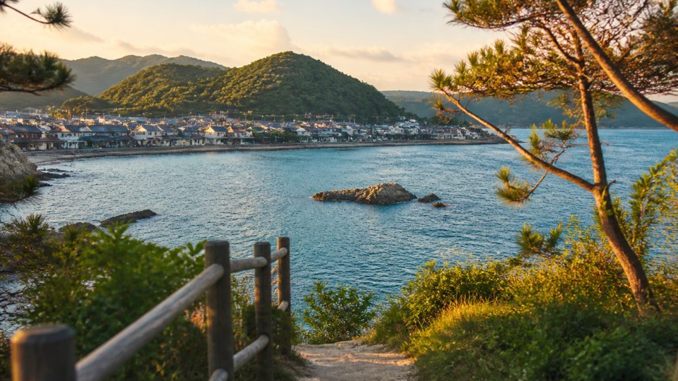 夕暮れの光に包まれた海辺の町
