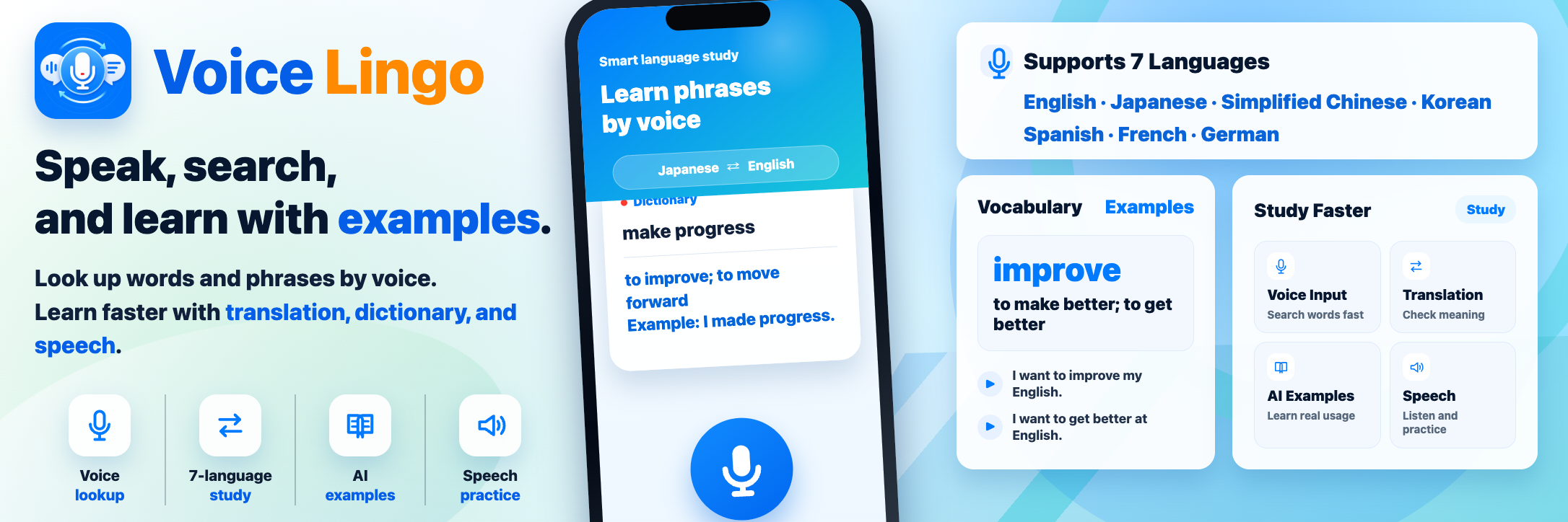 Voice Lingo — language learning app with voice lookup, translation, dictionary, and examples